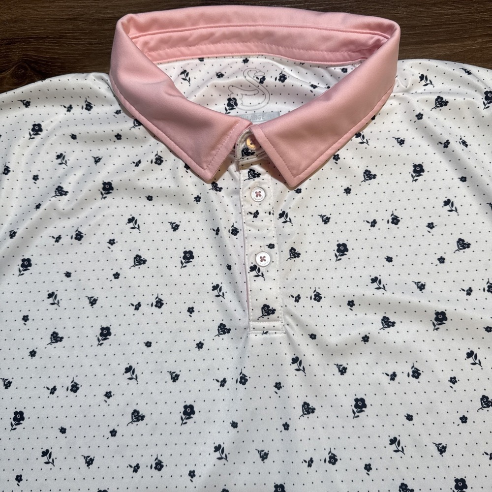 Swannies Polo Shirt Mens 2XL White Pink Floral Golf Performance Stretch Pullover